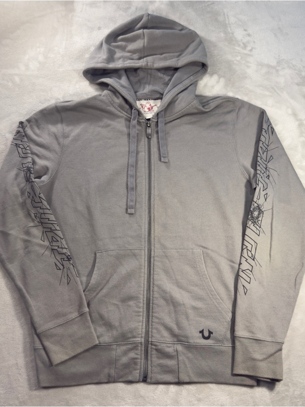 True Religion Hoodie Sweatshirt Men's Sz M Gray Broken Logo Long Sleeve Full Zip